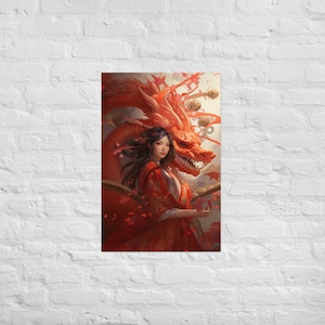 May include: An art print depicting a woman in a red robe alongside a large red dragon. The dragon has a detailed, textured appearance. The woman has long black hair, set against a background of red and gold.