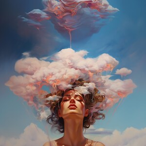 May include: A woman with her eyes closed and head tilted back, with fluffy white clouds surrounding her head and dripping down her hair. The clouds are a soft pink colour with a blue sky in the background.
