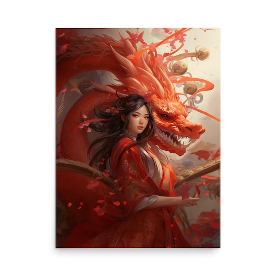 Year of the Dragon Wall Art Poster: Girl and Dragon Fantasy Artwork