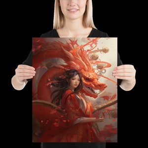 May include: An art print depicting a woman in a red robe alongside a large red dragon. The dragon is highly detailed and positioned behind the woman. The artwork has a fantasy theme and a soft, painterly style.