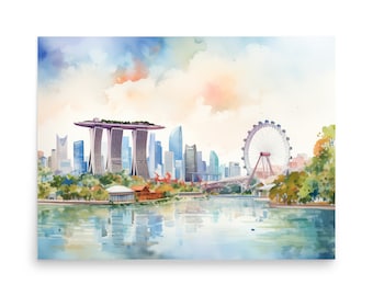 Singapur City Skyline: Aquarell Wandkunst