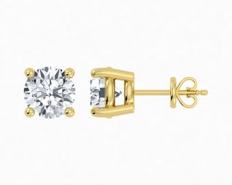 Boucles d'oreilles puces en argent sterling 925 avec diamants de laboratoire ronds FG SI de 0,5 à 1 carat, blanc ou jaune, fermoir poussette. Idée cadeau d'anniversaire pour elle.