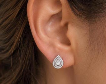 Boucles d'oreilles puces en argent sterling 925, serties d'un diamant de laboratoire taille poire de 1 carat | Pureté F/G SI | Fermoir poussette | Cadeau pour elle