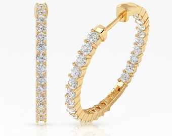 Boucles d'oreilles créoles en or jaune 14 carats serties d'un diamant de laboratoire de 1 carat | Pureté EF-VS | Cadeau d'anniversaire pour elle