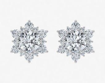Boucles d'oreilles puces en or blanc 14 carats, diamant de laboratoire 1 carat, forme flocon de neige | Sertissage EF VS | Cadeau pour elle