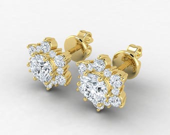 Boucles d'oreilles puces en or jaune 14 carats, diamant de laboratoire 1 carat, forme flocon de neige | Sertissage EF VS | Cadeau pour elle