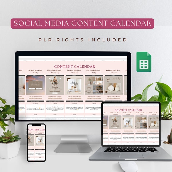 PLR Social Media Content Planner Calendar, Google Sheets Digital Planner, Done For You Content, PLR Spreadsheet, Commercial Rights