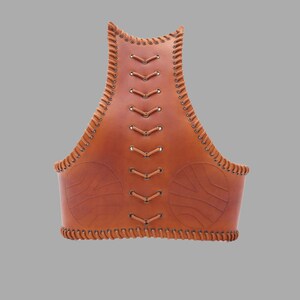 May include: A brown leather corset with a laced back and decorative stitching. The corset has two circular embossed designs on the front.