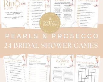 May include: A set of 24 printable bridal shower games with a pearl and prosecco theme. The games include "Ring Hunt", "He Said, She Said", "Drink If", "Over or Under", "Would She Rather", "ABC's Bridal Game", "Wedding A to Z", and "Gifts Bridal Bingo".