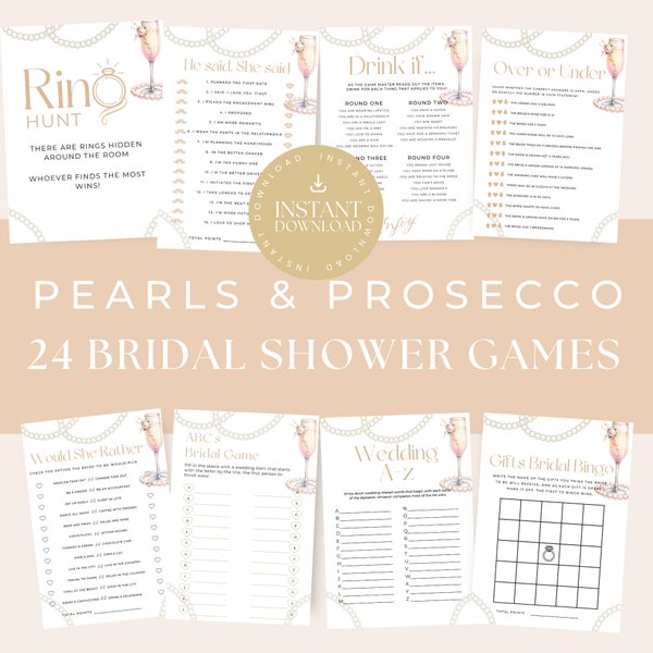 Pearls And Prosecco Bridal Shower Games Bundle, Editable Minimalist Printable Template, Bachelorette Party activities, LP14