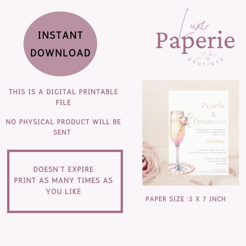 Pearls and Prosecco Bridal Shower Invitation Template, Champagne Shower ...