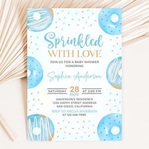Blue Donuts Baby Sprinkle Invitation, Boy Sprinkled with Love Baby Shower Invite, Sweets Baby Sprinkle Invitation, Canva Template