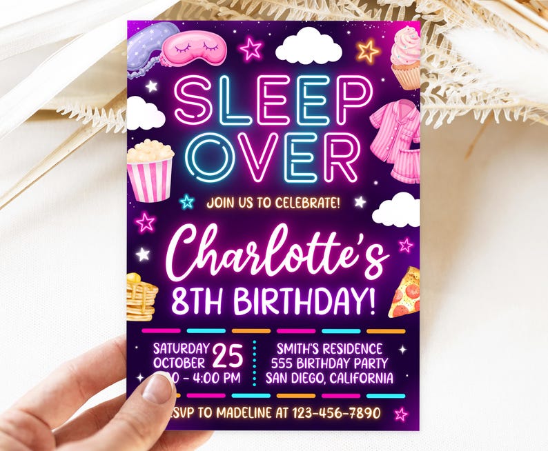May include: Purple and neon pink birthday party invitation with a neon sign that says "Sleep Over" and "Charlotte's 8th Birthday!" The invitation includes details for the party, including the date, time, location, and contact information.