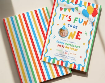 ¡Es divertido cumplir un año! Invitación de cumpleaños, plantilla de invitación colorida con foto para niño (KBD050)