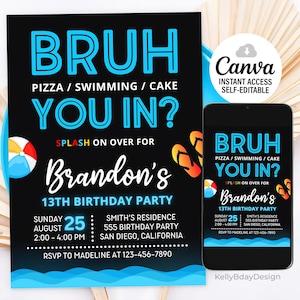 Bruh Birthday Invitation, Boy Pool Party Invitation, Bruh It&#39;s My Birthday Party Invite, Teenager Invitation, Canva Template