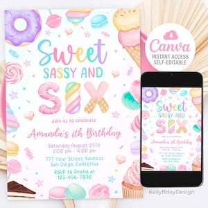 Sweet Sassy and Six Birthday Invitation, 6th Birthday Girl Invite, Sweet Six Birthday Invitation, Candy Sweets Donut, Canva Template