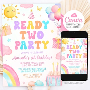 Editable Ready Two Party Invitation, 2nd Birthday Girl Invitation, Spring Birthday Party Invite, Canva Template