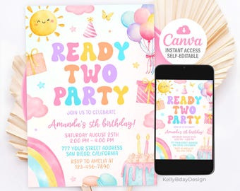 Invitación editable para dos fiestas, invitación para segundo cumpleaños de niña, invitación para fiesta de cumpleaños de primavera, plantilla de Canva