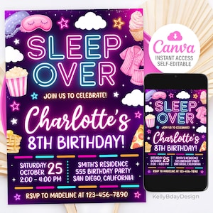 Sleepover Birthday Invitation, Slumber Party Birthday Invite, Pajama Party, Neon Sleepover Invitation, Canva Template