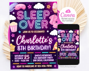 Sleepover Birthday Invitation, Slumber Party Birthday Invite, Pajama Party, Neon Sleepover Invitation, Canva Template