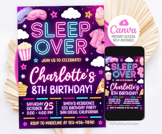 Sleepover Birthday Invitation, Slumber Party Birthday Invite, Pajama Party, Neon Sleepover Invitation, Canva Template