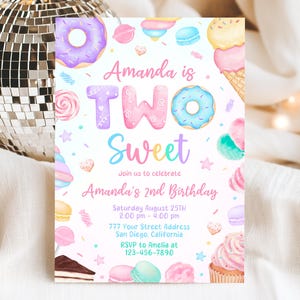 Invitación de cumpleaños para dos niñas, invitación para el segundo cumpleaños, invitación para dos niñas, invitación para postres, donas de dulces, plantilla de Canva