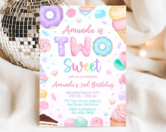 Two Sweet Birthday Invitation, 2nd Birthday Girl Invite, Two Sweet Invitation, Dessert Invite, Candy Sweets Donut, Canva Template