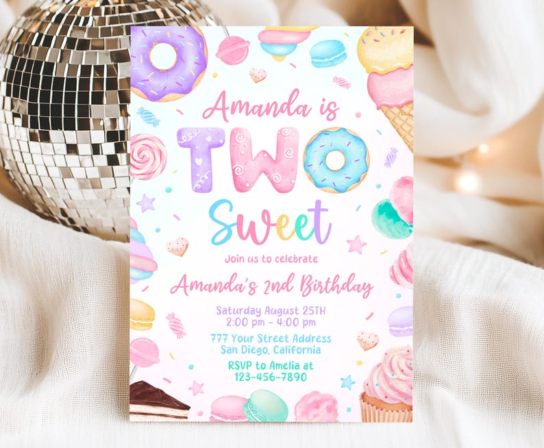 Two Sweet Birthday Invitation, 2nd Birthday Girl Invite, Two Sweet Invitation, Dessert Invite, Candy Sweets Donut, Canva Template image 1