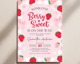 Invitación para baby shower con temática de fresas, plantilla de invitación para baby shower con fresas KBD026