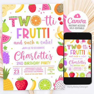 Two-tti Frutti Birthday Invitation, Two-tti Frutti 2nd Birthday Invite, Fruit Party Invitation, Two-tti Frutti Invites, Canva Template