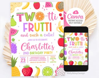 Invitación de cumpleaños de Two-tti Frutti, invitación para el segundo cumpleaños de Two-tti Frutti, invitación para fiesta de frutas, invitaciones de Two-tti Frutti, plantilla de Canva