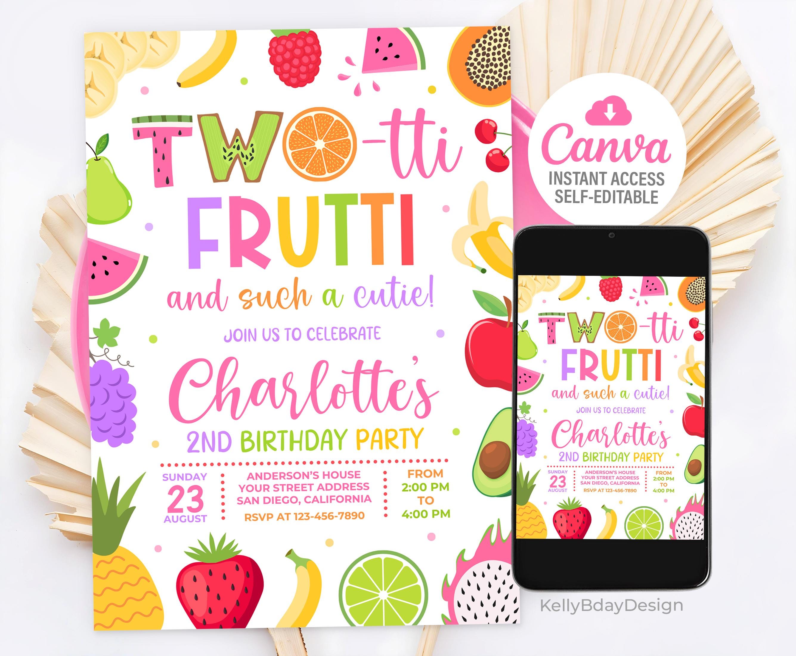 Two-tti Frutti Birthday Invitation, Two-tti Frutti 2nd Birthday Invite, Fruit Party Invitation, Two-tti Frutti Invites, Canva Template