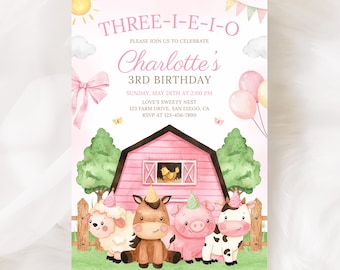 Invitación de cumpleaños con temática de granja, animales de granja, plantilla de invitación de cumpleaños para niña de 3er cumpleaños (KBD001)