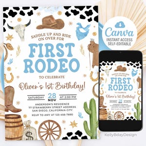 Invito per il primo rodeo, invito per il compleanno di un cowboy, invito per il mio primo rodeo, inviti per il primo compleanno di un bambino, modello Canva