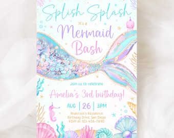 Invitación de cumpleaños de sirena, plantilla de invitación para fiesta temática de sirenas bajo el mar KBD007