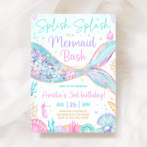 Mermaid Birthday Invitation, Mermaid Bash Under the Sea Party Invite Template KBD007