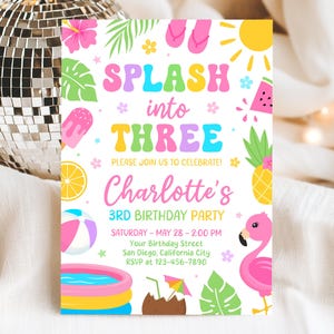 Editable Splash Into Three 3rd Birthday Invitation, Pool Party Invitation, Summer Birthday Party Invite, Canva Template