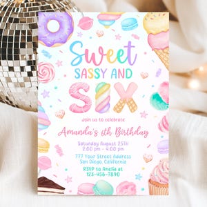 Invito per il sesto compleanno, invito per ragazza del sesto compleanno, invito per il sesto compleanno, ciambella di caramelle, modello Canva