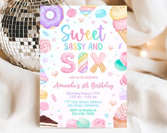 Sweet Sassy and Six Birthday Invitation, 6th Birthday Girl Invite, Sweet Six Birthday Invitation, Candy Sweets Donut, Canva Template
