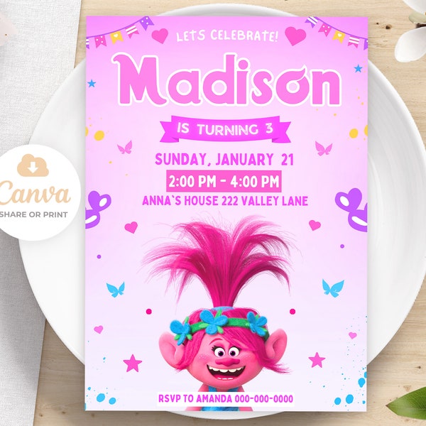 Trolls Birthday Invitation, Printable Trolls Invitation, Kids Birthday Party Invite, Canva Editable Invites 5x7