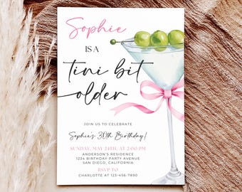 Tini Bit Older Birthday Invitation, Coquette Martini Birthday Invite, Martini Themed Birthday Invitation, Pink Bow Invite, Canva Template