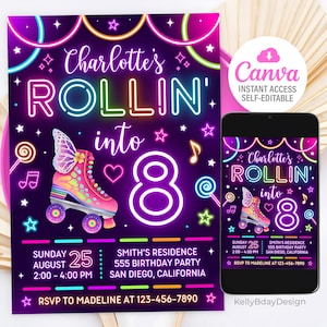 Puede incluir: Una invitación a una fiesta de cumpleaños de color rosa neón, azul y verde para una niña que cumple ocho años. La invitación presenta un patín con alas, un letrero de neón que dice "Rollin' into 8" y el texto "Charlotte's Birthday Party".