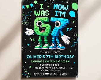 Invitación de cumpleaños "Seis Siete", invitación para fiesta "Tenía 6 años, ahora tengo 7", plantilla de invitación estilo videojuegos retro KBD003