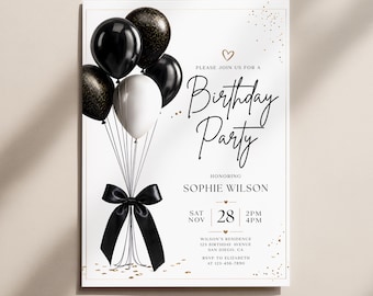 Verjaardagskaart met zwarte strik, elegante en flirterige uitnodiging met zwart-witte ballonnen KBD062