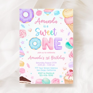 Sweet One Birthday Invitation, 1st Birthday Girl Invite, Candy Sweets Donut Template KBD006