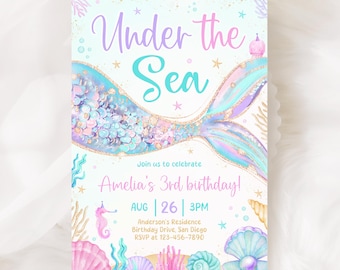 Invitación de cumpleaños de sirena, plantilla de invitación para fiesta bajo el mar KBD002
