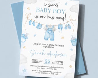 Invitación para baby shower de niño, invitación con temática de ropa de bebé, ¡Un dulce niño está en camino! Plantilla de invitación para baby shower en color azul lavandería KBD038