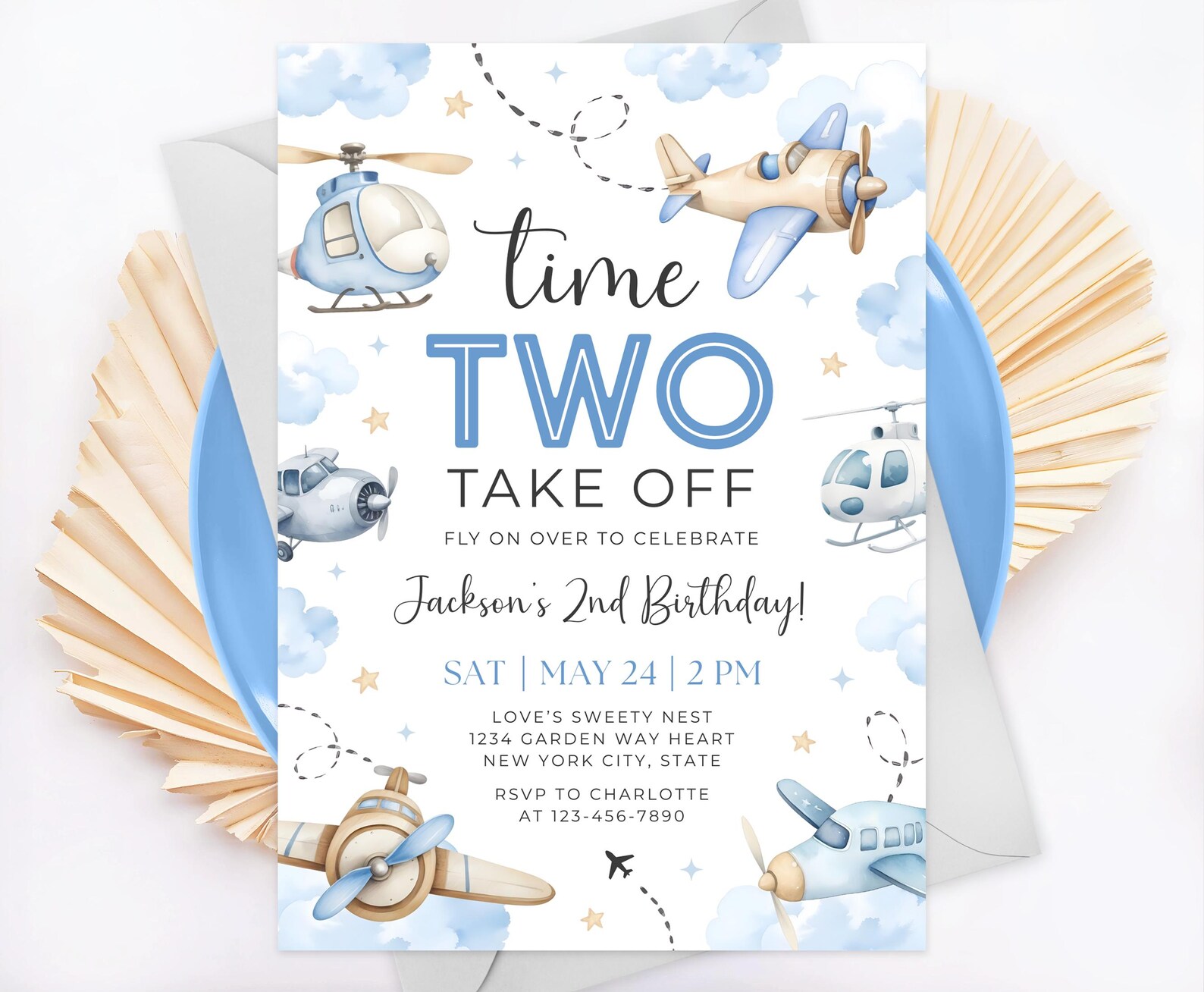 Take Flight Invite Editable Airplane Birthday Invitation, Time Two Take off Boy 2nd ...