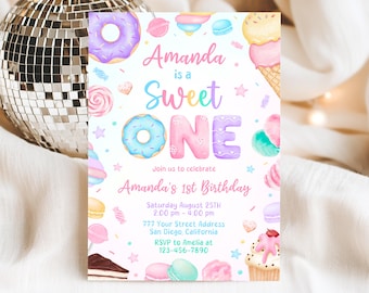 Sweet One Birthday Invitation, 1st Birthday Girl Invite, Sweet One Invitation, Dessert Invite, Candy Sweets Donut, Canva Template