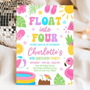 Editable Float Into Four 4th Birthday Invitation, Pool Party Invitation, Summer Birthday Party Invite, Canva Template